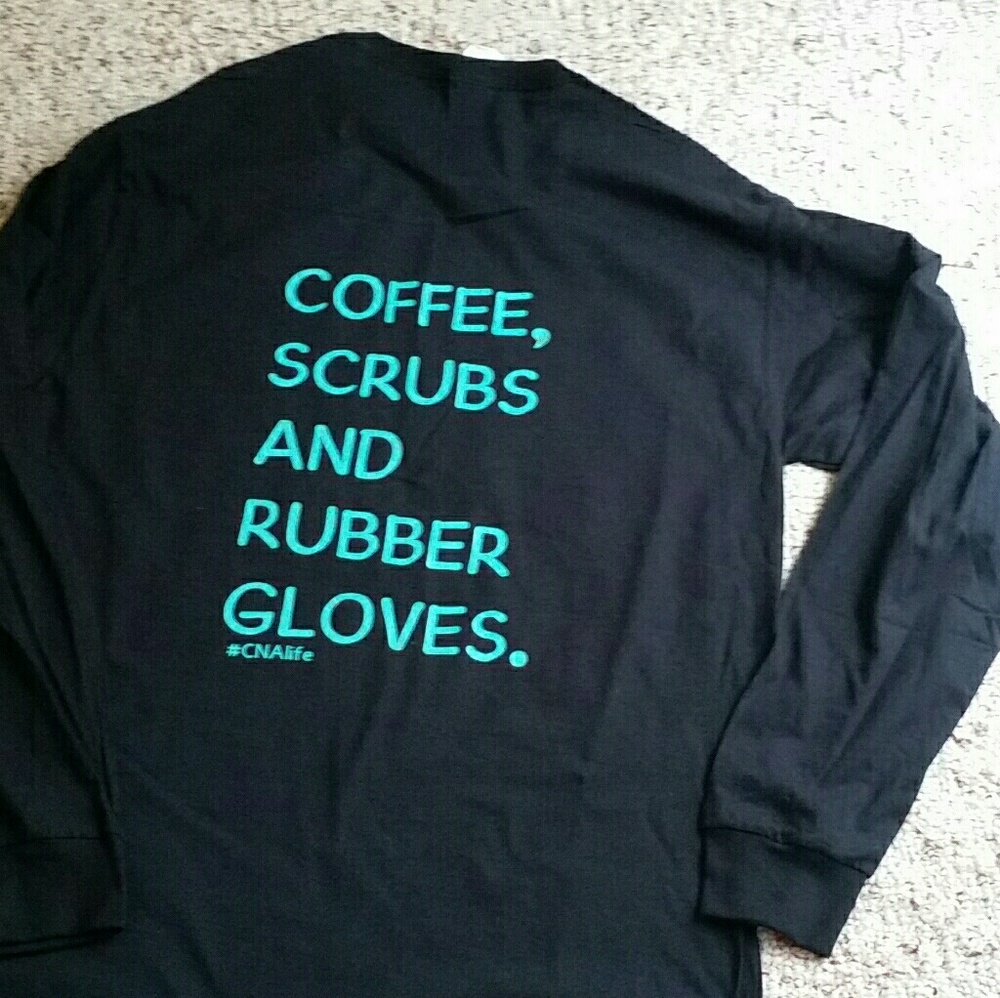 Coffe, scrubs snd rubber gloves long sleeved shirt